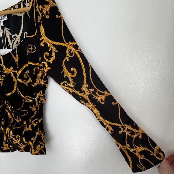 NWT Ganni Silk Stretch Blouse U-neck Gathered Fitted Black & Gold Baroque - Picture 6 of 16